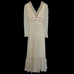 Candi Jones 1970s Vtg Prairie Dress Sz 7 Ivory Lace Edwardian Victorian Cottage